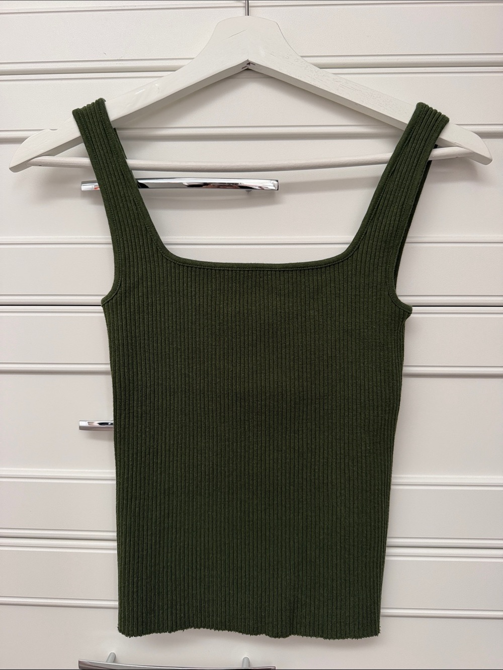 Vince Ribbed Square Neck Tank Top - Olive Green - Picture 2 of 7